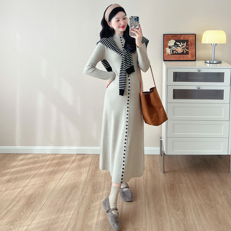 Плетена рокля за бременни, кръгло деколте, дълги ръкави, вискозно влакно 95%+, средна дължина, А-линия