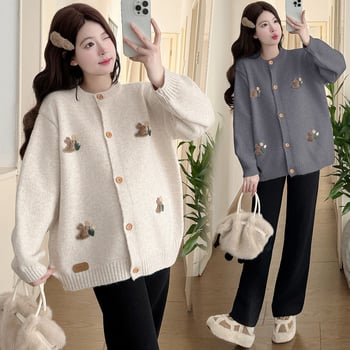 Anyasági készlet: kötött pulóver-jacka nyuszis mintával és húzózsinóros széles lábú nadrág, 50–70% akril, tél 2025, japán-koreai lazító stílus