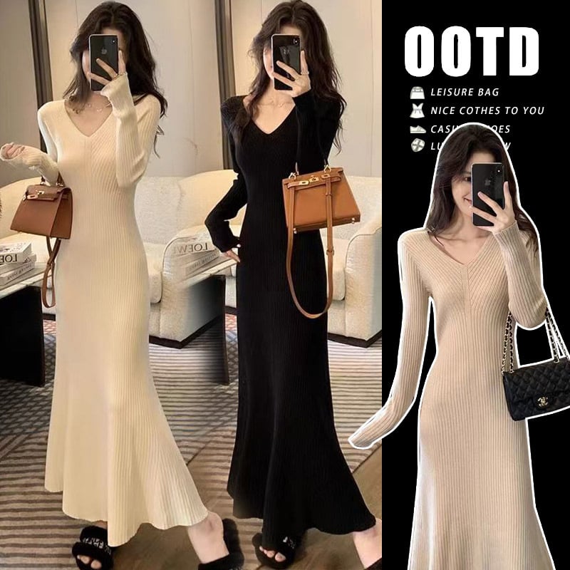 Бременна трикотажна рокля с V-образно деколте, 3/4 ръкав, средна дължина, полиестер 80–90%