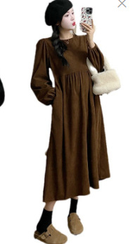 Комплект за бременни: рокля и кардиган от памук-полиестер, лотусова яка, дълги ръкави, 95% памук