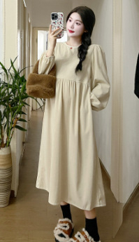 Комплект за бременни: рокля и кардиган от памук-полиестер, лотусова яка, дълги ръкави, 95% памук