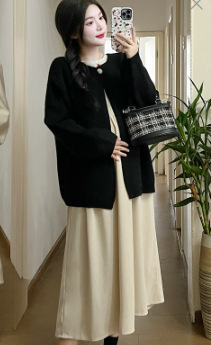 Комплект за бременни: рокля и кардиган от памук-полиестер, лотусова яка, дълги ръкави, 95% памук