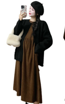 Комплект за бременни: рокля и кардиган от памук-полиестер, лотусова яка, дълги ръкави, 95% памук