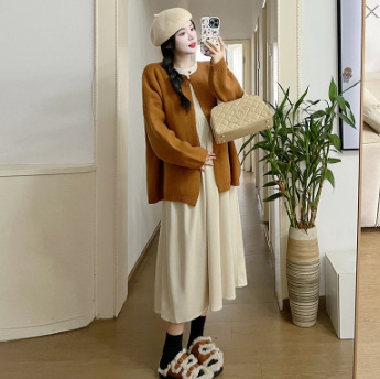 Комплект за бременни: рокля и кардиган от памук-полиестер, лотусова яка, дълги ръкави, 95% памук