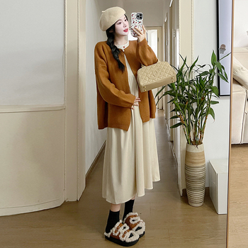 Комплект за бременни: рокля и кардиган от памук-полиестер, лотусова яка, дълги ръкави, 95% памук