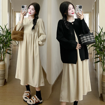 Комплект за бременни: рокля и кардиган от памук-полиестер, лотусова яка, дълги ръкави, 95% памук