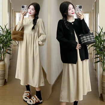 Комплект за бременни: рокля и кардиган от памук-полиестер, лотусова яка, дълги ръкави, 95% памук