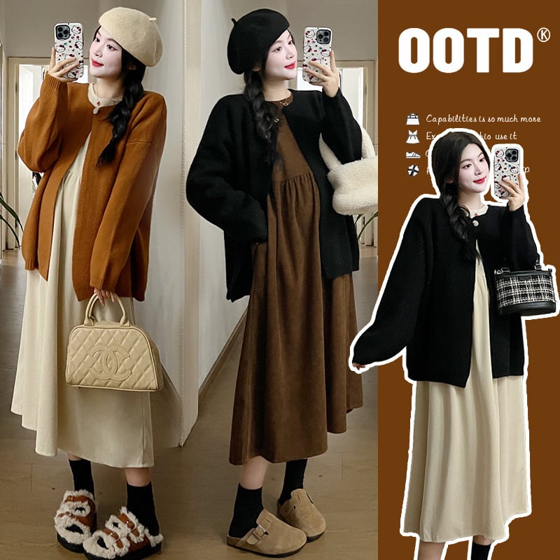 Комплект за бременни: рокля и кардиган от памук-полиестер, лотусова яка, дълги ръкави, 95% памук