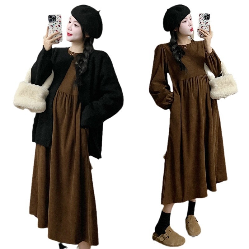 Комплект за бременни: рокля и кардиган от памук-полиестер, лотусова яка, дълги ръкави, 95% памук