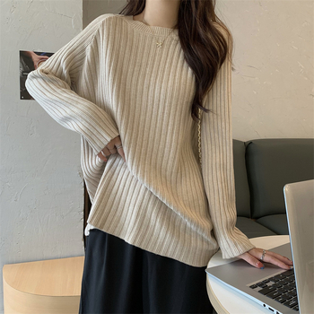 Τοπ εγκυμοσύνης σε κορεατικό στυλ, άνετη γραμμή, στρογγυλός λαιμός, μακριά μανίκια, μήκος 50–65 εκ, μείξη κασμίρι-πολυεστέρα