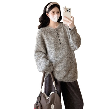 Комплект трикотаж за бременни: топ пуловер с качулка и кръгло деколте и свободни панталони, кашмирен бленд над 95% с полиестер, дълги ръкави с паднали рамене