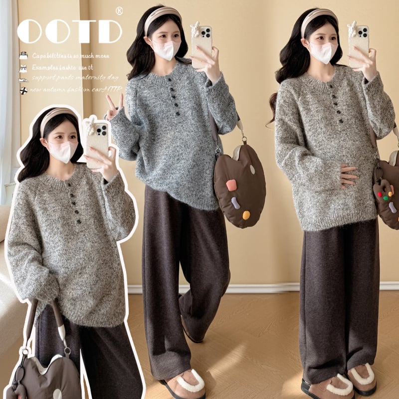 Комплект трикотаж за бременни: топ пуловер с качулка и кръгло деколте и свободни панталони, кашмирен бленд над 95% с полиестер, дълги ръкави с паднали рамене