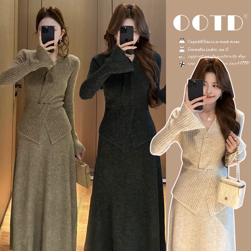 Двучастен комплект за бременни от плетена материя: топ с V-образно деколте и дълги ръкави, акрил 95%+, миди пола, есен 2025