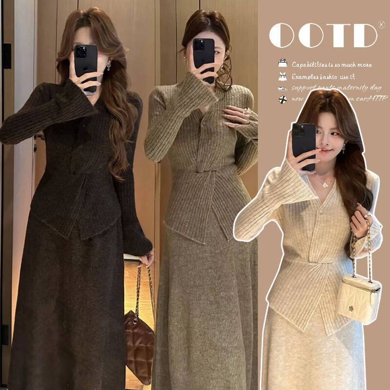 Двучастен комплект за бременни от плетена материя: топ с V-образно деколте и дълги ръкави, акрил 95%+, миди пола, есен 2025