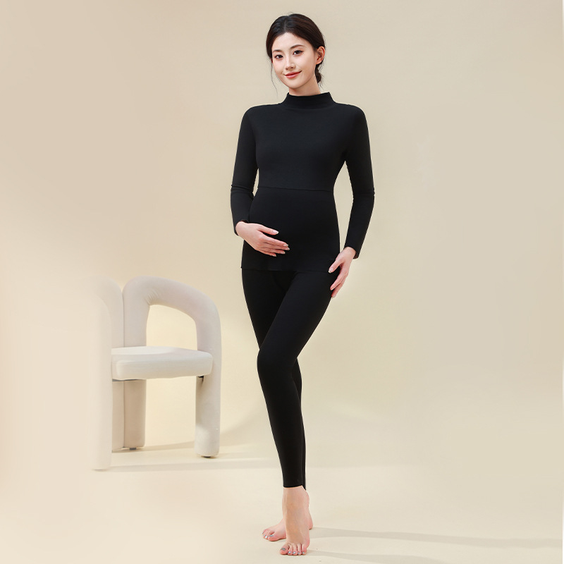 Set termic pentru gravide cu top cu mânecă lungă și pantaloni, poliester gros 80–90% cu 10,9% elastan, iarnă/toamnă, brand Yixuanfen
