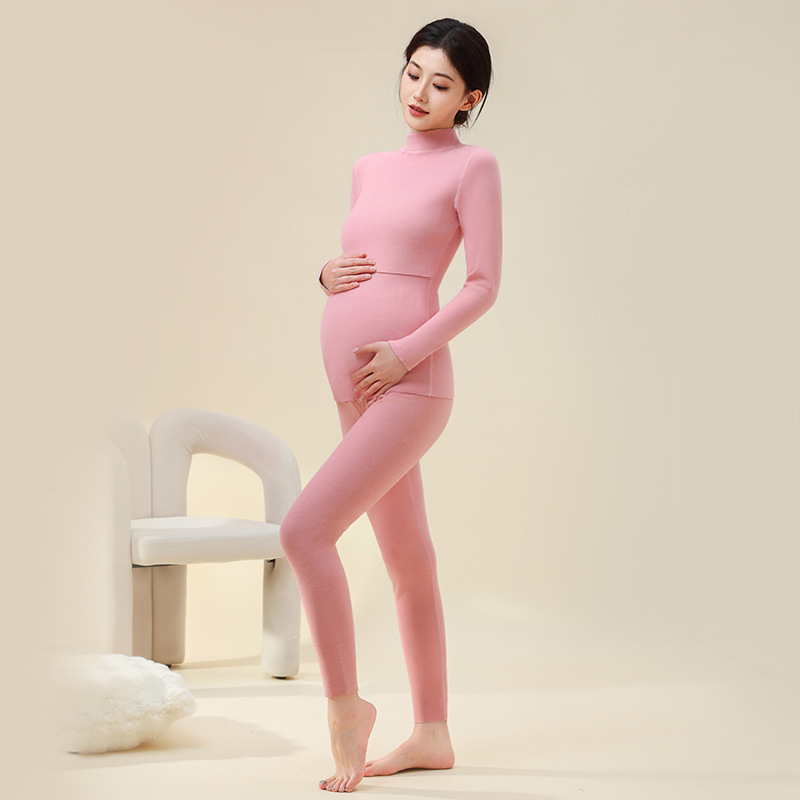 Set termic pentru gravide cu top cu mânecă lungă și pantaloni, poliester gros 80–90% cu 10,9% elastan, iarnă/toamnă, brand Yixuanfen