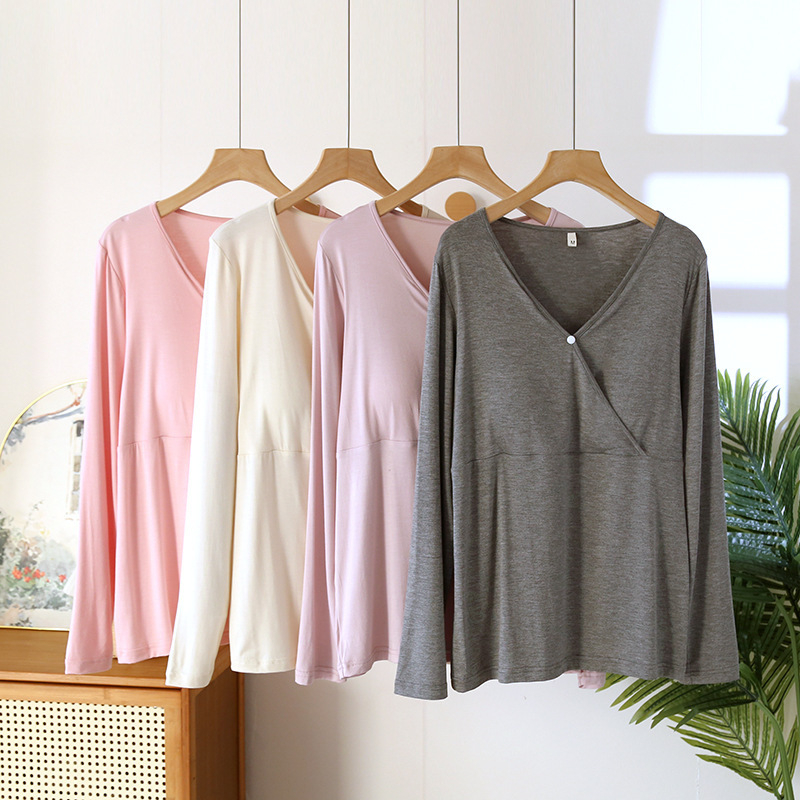 Top de alăptare cu mâneci lungi, fără sutien, viscoză modală 90–95%, grosime moderată 181–200 g/m2, potrivit pentru toate sezoanele