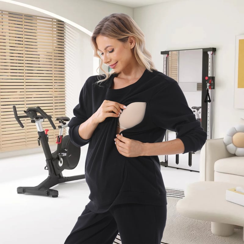 Φούτερ εγκυμοσύνης με θηλασμό, μακριά μανίκια, στρογγυλός λαιμός, βάφλα ύφασμα, μίγμα βαμβακιού-σπαντεξ