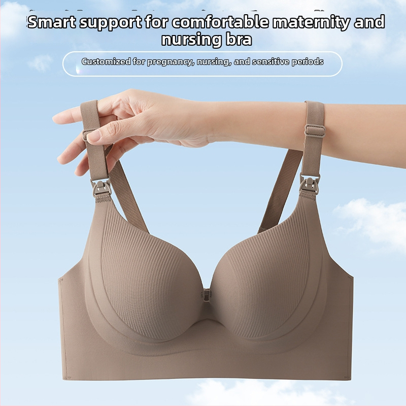 Tehotenská dojčiaca podprsenka s predným zapínaním, štyri rady zadných háčikov, pevné dvojité ramienka, tenké tvarované košíčky, hlavná tkanina 70-80% nylon, podšívka polyester 50-70%