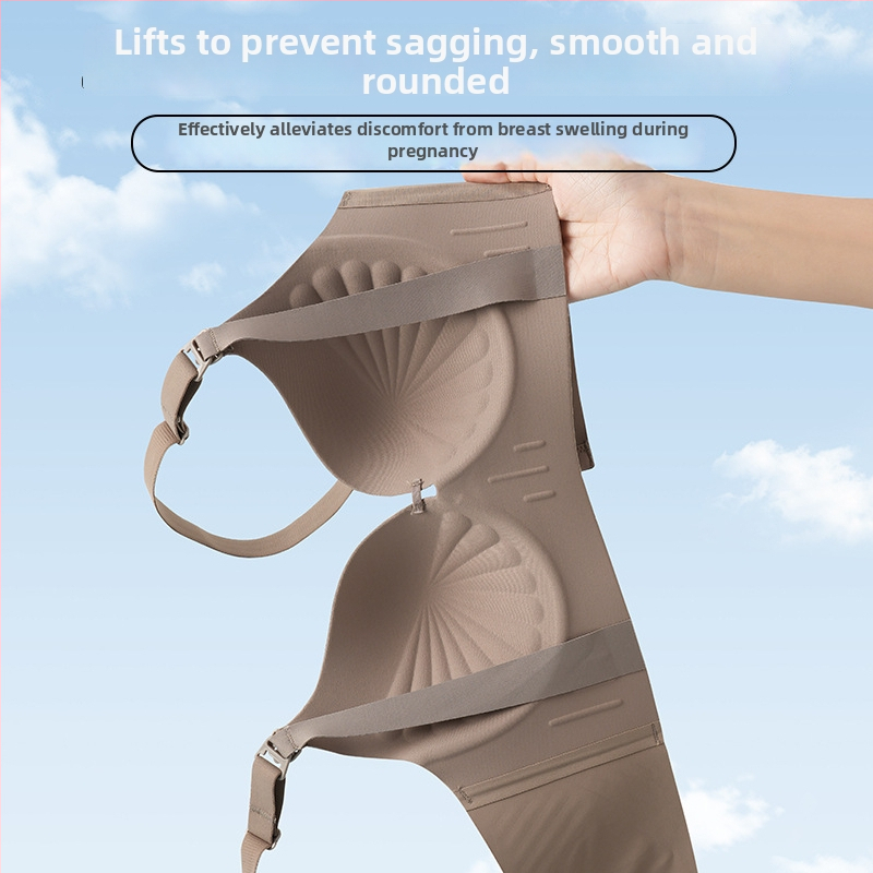 Tehotenská dojčiaca podprsenka s predným zapínaním, štyri rady zadných háčikov, pevné dvojité ramienka, tenké tvarované košíčky, hlavná tkanina 70-80% nylon, podšívka polyester 50-70%