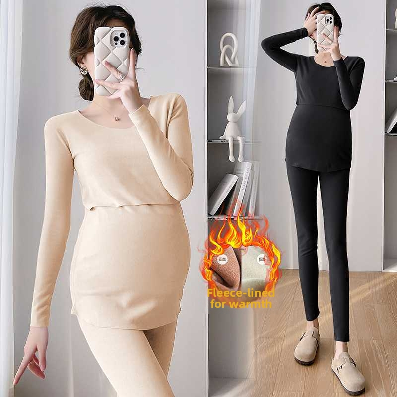 Grūtniecības termālais komplekts ziemai zīdīšanai — divpusējs velūrs, bezšuvju audums, garas piedurknes ar augstu apkakli