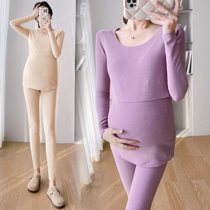 Θερμικό σετ μητρότητας για τον χειμώνα — διπλής όψεως βελούδινο, ύφασμα χωρίς ραφές, μακριά μανίκια, ψηλός γιακά