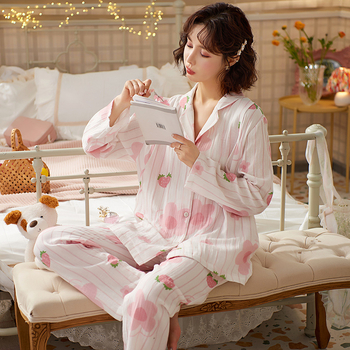 Set trudničkih pidžama od 100% pamuka, pamuk gazasto tkivo, upijanje znoja, pogodna za dojenje, dugi rukavi i hlače