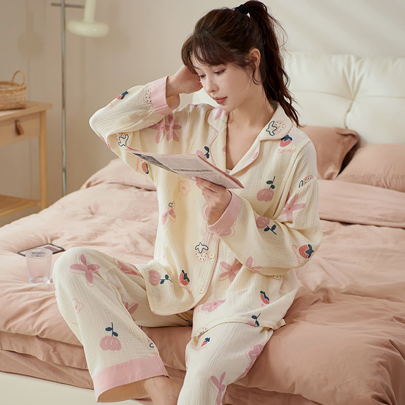 Set trudničkih pidžama od 100% pamuka, pamuk gazasto tkivo, upijanje znoja, pogodna za dojenje, dugi rukavi i hlače