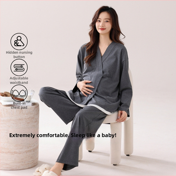 Dámske pyžamo na jeseň a zimu, 95% bavlna, 5% elastán, s vložkami do prs, V-krk výstrih, dlhé rukávy, pre tehotenstvo a dojčenie