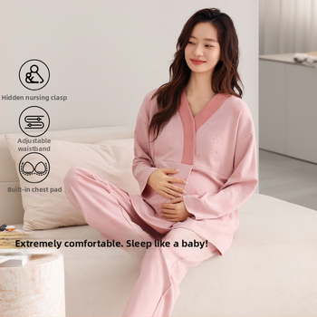 Dámske pyžamo na jeseň a zimu, 95% bavlna, 5% elastán, s vložkami do prs, V-krk výstrih, dlhé rukávy, pre tehotenstvo a dojčenie