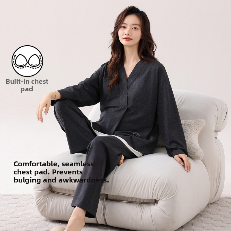 Dámske pyžamo na jeseň a zimu, 95% bavlna, 5% elastán, s vložkami do prs, V-krk výstrih, dlhé rukávy, pre tehotenstvo a dojčenie