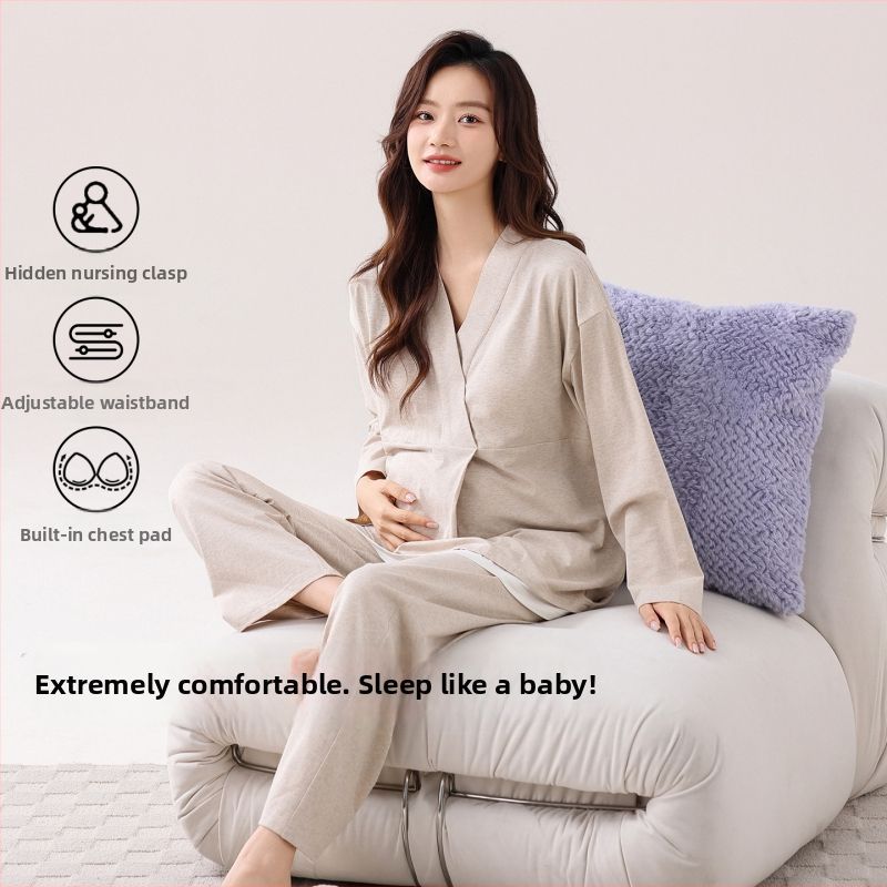Dámske pyžamo na jeseň a zimu, 95% bavlna, 5% elastán, s vložkami do prs, V-krk výstrih, dlhé rukávy, pre tehotenstvo a dojčenie