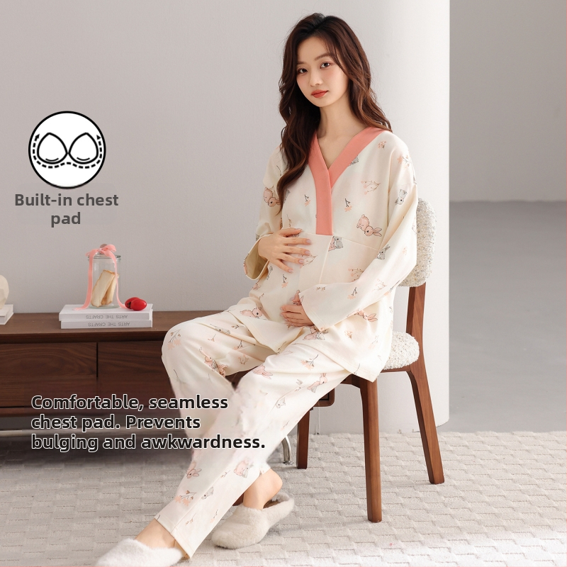 Dámske pyžamo na jeseň a zimu, 95% bavlna, 5% elastán, s vložkami do prs, V-krk výstrih, dlhé rukávy, pre tehotenstvo a dojčenie