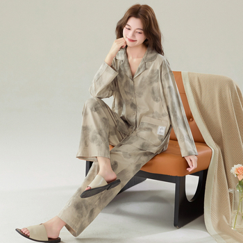 Set de pijamale pentru mame care alăptează după naștere, din bumbac cu Lycra, mâneci lungi, pantaloni lungi, pentru toate sezoanele, grosime medie 181–200 g/m², lansare toamnă 2025