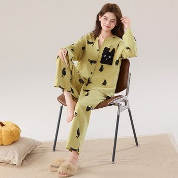 Set de pijamale pentru mame care alăptează după naștere, din bumbac cu Lycra, mâneci lungi, pantaloni lungi, pentru toate sezoanele, grosime medie 181–200 g/m², lansare toamnă 2025