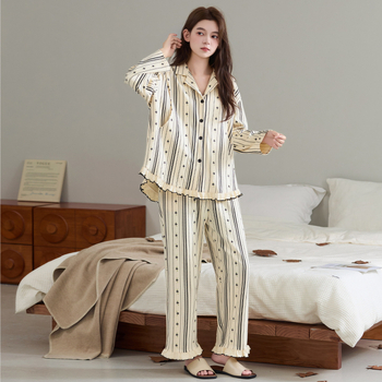 Set de pijamale pentru mame care alăptează după naștere, din bumbac cu Lycra, mâneci lungi, pantaloni lungi, pentru toate sezoanele, grosime medie 181–200 g/m², lansare toamnă 2025