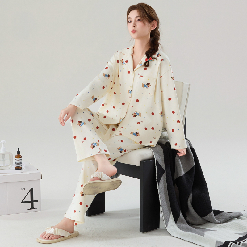 Set de pijamale pentru mame care alăptează după naștere, din bumbac cu Lycra, mâneci lungi, pantaloni lungi, pentru toate sezoanele, grosime medie 181–200 g/m², lansare toamnă 2025