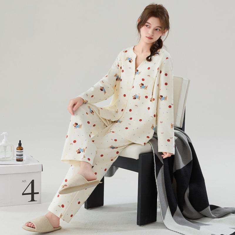 Set de pijamale pentru mame care alăptează după naștere, din bumbac cu Lycra, mâneci lungi, pantaloni lungi, pentru toate sezoanele, grosime medie 181–200 g/m², lansare toamnă 2025