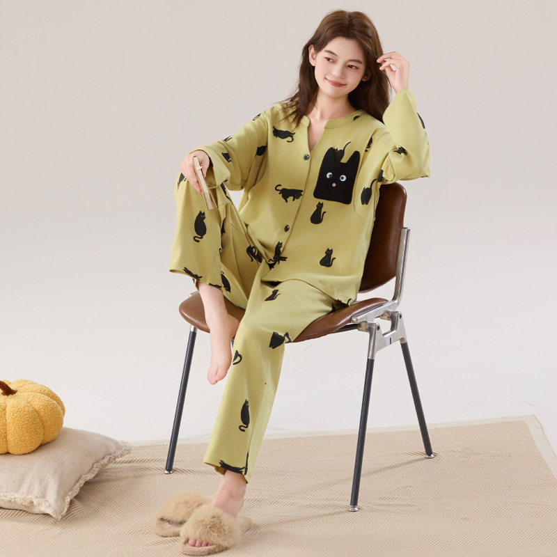 Set de pijamale pentru mame care alăptează după naștere, din bumbac cu Lycra, mâneci lungi, pantaloni lungi, pentru toate sezoanele, grosime medie 181–200 g/m², lansare toamnă 2025