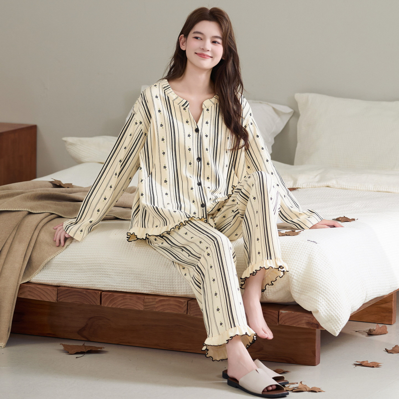 Set de pijamale pentru mame care alăptează după naștere, din bumbac cu Lycra, mâneci lungi, pantaloni lungi, pentru toate sezoanele, grosime medie 181–200 g/m², lansare toamnă 2025