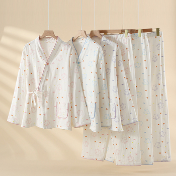Set de pijamale pentru alăptare din bumbac 100% cu țesătură de gază dublă, design drăguț cu ursuleț, mâneci lungi, material ușor, pentru sarcină și alăptare