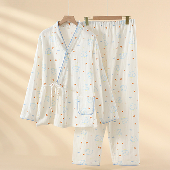 Set de pijamale pentru alăptare din bumbac 100% cu țesătură de gază dublă, design drăguț cu ursuleț, mâneci lungi, material ușor, pentru sarcină și alăptare