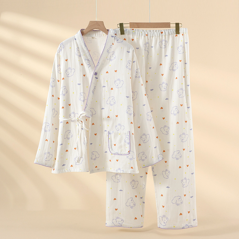 Set de pijamale pentru alăptare din bumbac 100% cu țesătură de gază dublă, design drăguț cu ursuleț, mâneci lungi, material ușor, pentru sarcină și alăptare