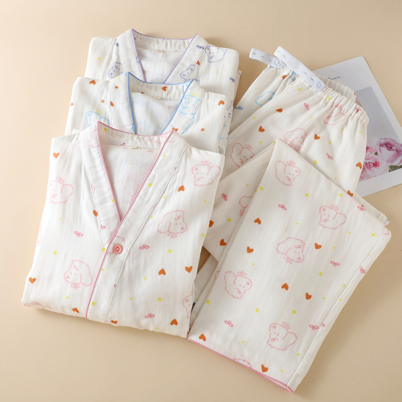 Set de pijamale pentru alăptare din bumbac 100% cu țesătură de gază dublă, design drăguț cu ursuleț, mâneci lungi, material ușor, pentru sarcină și alăptare