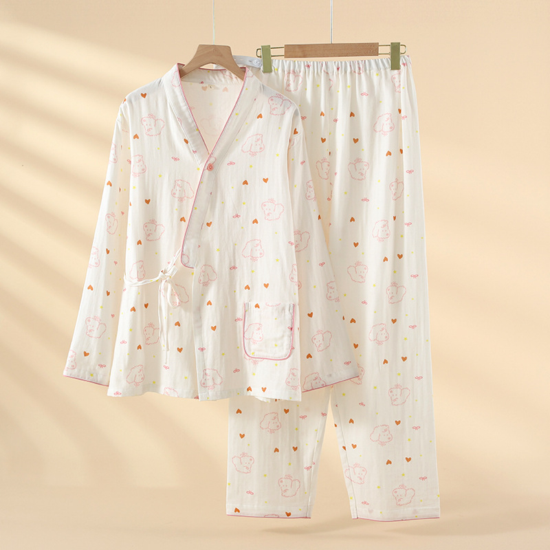 Set de pijamale pentru alăptare din bumbac 100% cu țesătură de gază dublă, design drăguț cu ursuleț, mâneci lungi, material ușor, pentru sarcină și alăptare