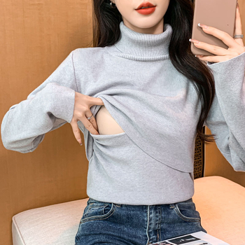 Бременна блуза за кърмене от плетиво за есен-зима 2023 – висока яка, дълги ръкави, средна дебелина, памук 50%, послеродова и приятелска към кожата