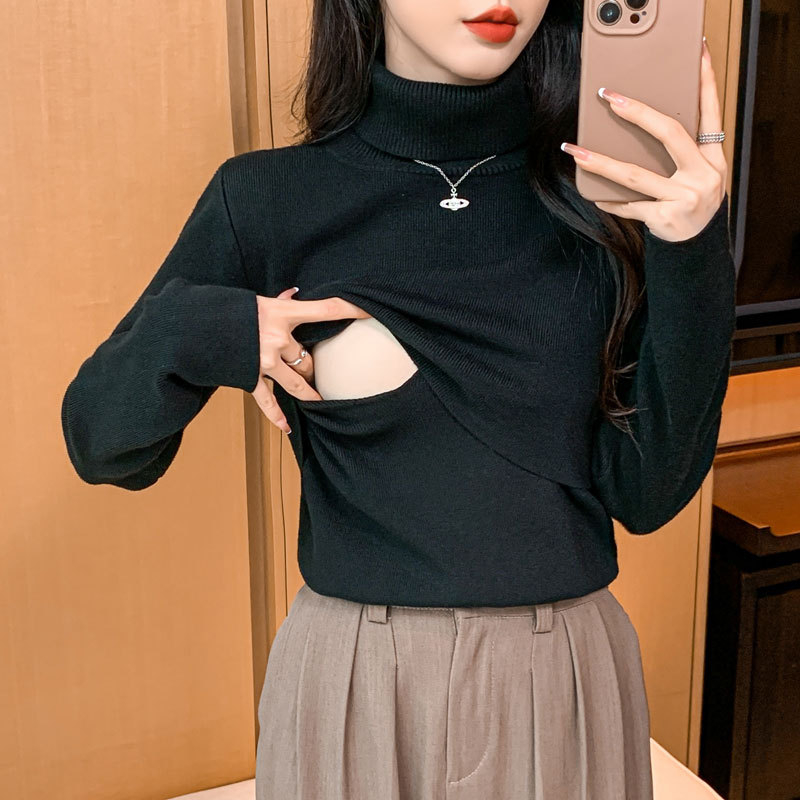 Бременна блуза за кърмене от плетиво за есен-зима 2023 – висока яка, дълги ръкави, средна дебелина, памук 50%, послеродова и приятелска към кожата