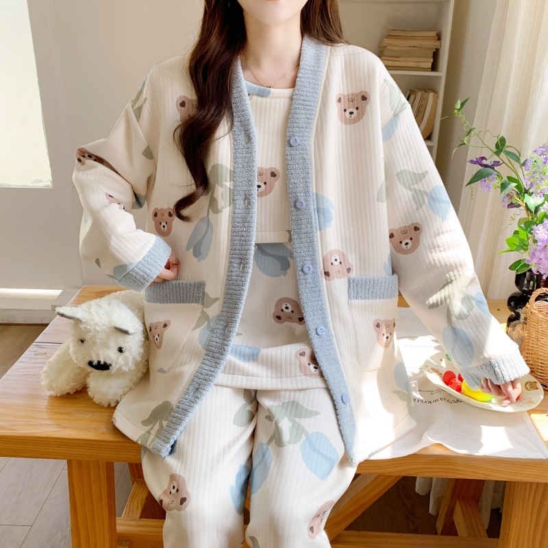 Szülés utáni szoptatós pizsamaszett — téli vastag poliészter, három részes készlet, anime mintázat, hosszú ujjú, szoptatási nyílás