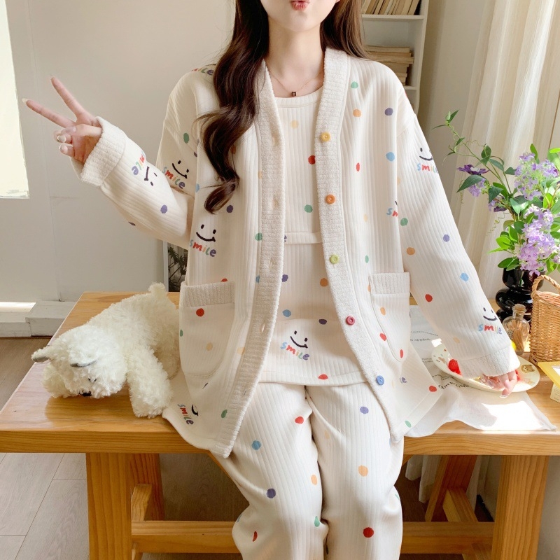 Szülés utáni szoptatós pizsamaszett — téli vastag poliészter, három részes készlet, anime mintázat, hosszú ujjú, szoptatási nyílás