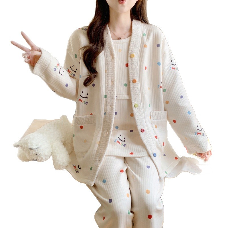 Szülés utáni szoptatós pizsamaszett — téli vastag poliészter, három részes készlet, anime mintázat, hosszú ujjú, szoptatási nyílás